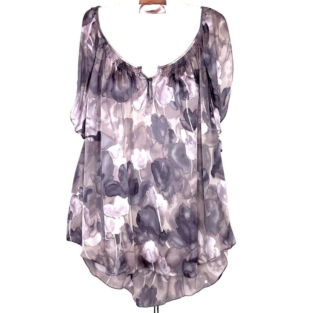Rebecca Taylor Size 4 Silk Blouse Purple Watercolor Cold Shoulder Corset Back